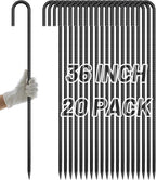 AAGUT 20 Pack Rebar Stakes J Hook 36 inch Heavy Duty Trampoline Stakes Steel Ground Anchors with Chisel Point End for Camping Tent Canopy and Chain Link Fence,Black