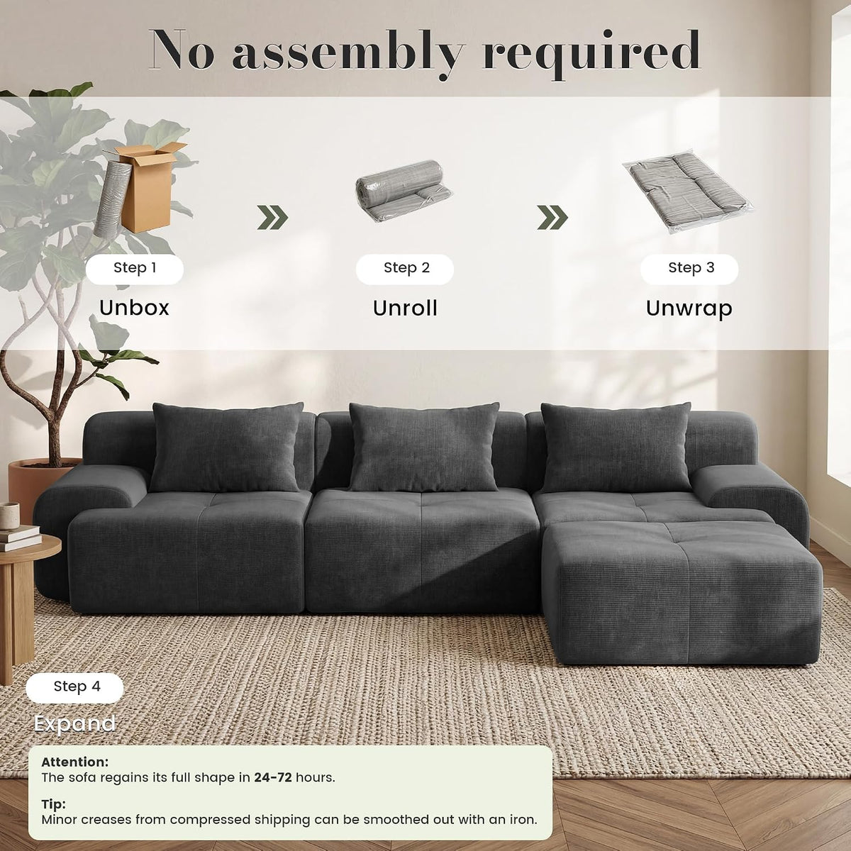 GRUSIGN 118'' Modular Sofa,Sectional Couch for Living Room | Tufted Oversized L Shape Deep Seat Couch with Ottoman & 3 Throw Pillows,Corduroy Cloud Couch,Dark Grey