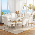 Asday 7 Piece Dining Table Set, Luxury White and Silver Dining Room Table Set with 60 inch Rectangular Dining Table and 6 White Leather Dining Chairs
