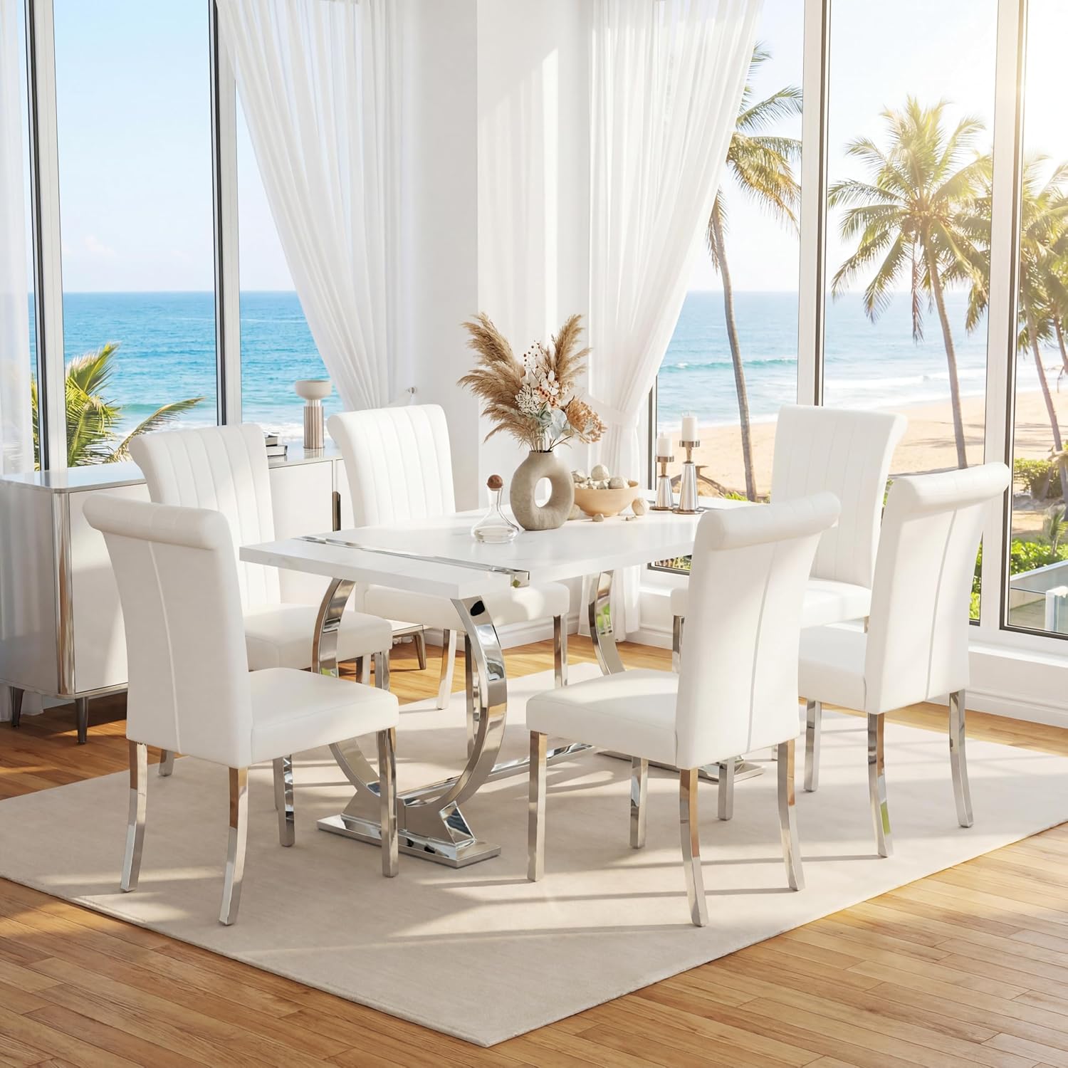 Asday 7 Piece Dining Table Set, Luxury White and Silver Dining Room Table Set with 60 inch Rectangular Dining Table and 6 White Leather Dining Chairs