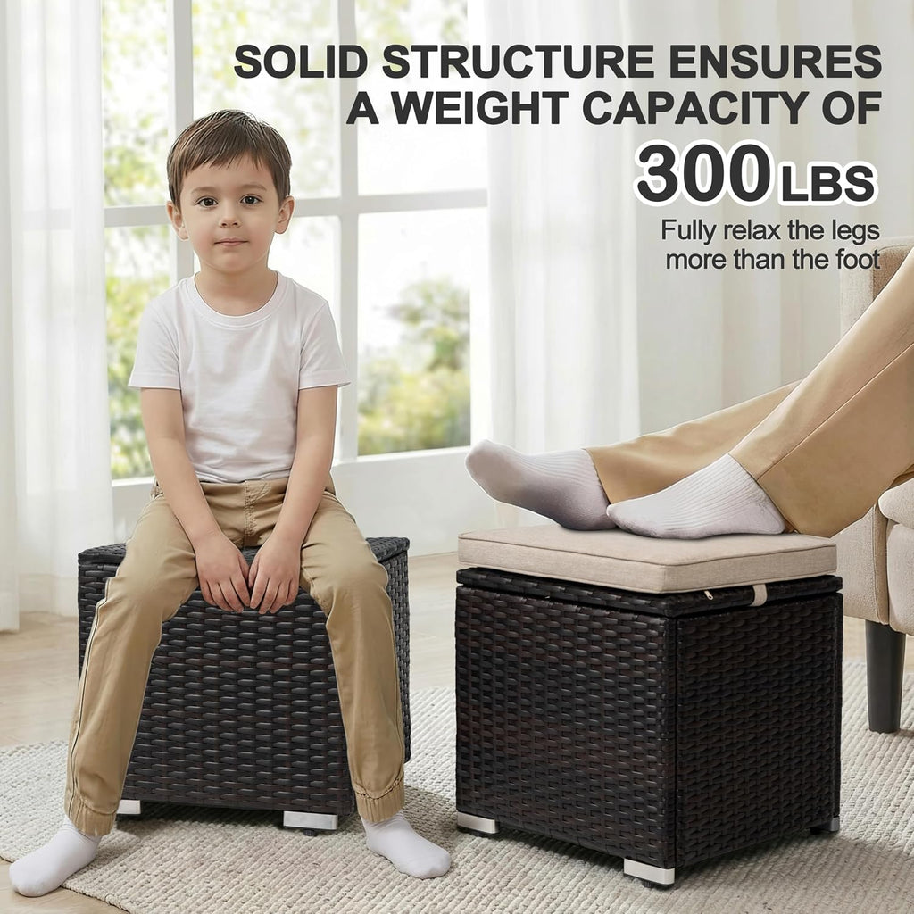 NUU GARDEN Outdoor 2 Piece Outdoor Patio Ottoman, All Weather Rattan Wicker Ottoman Seat, Outdoor Footstool Footrest Seat with Removable Cushion, for Patio, Backyard, Side Table, Black and Beige