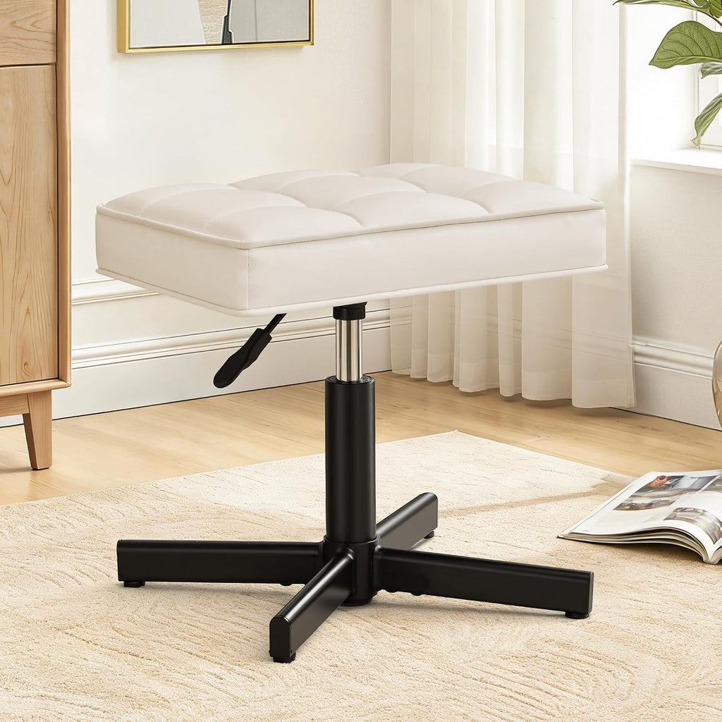 LUE BONA Adjustable Vanity Stool, 15''-19.5'' Foot Rest Under Desk, 360° Swivel Vanity Chair for Makeup Room, Cream Upholstered Faux Leather Ottoman for Bathroom & Living Room, 300lbs
