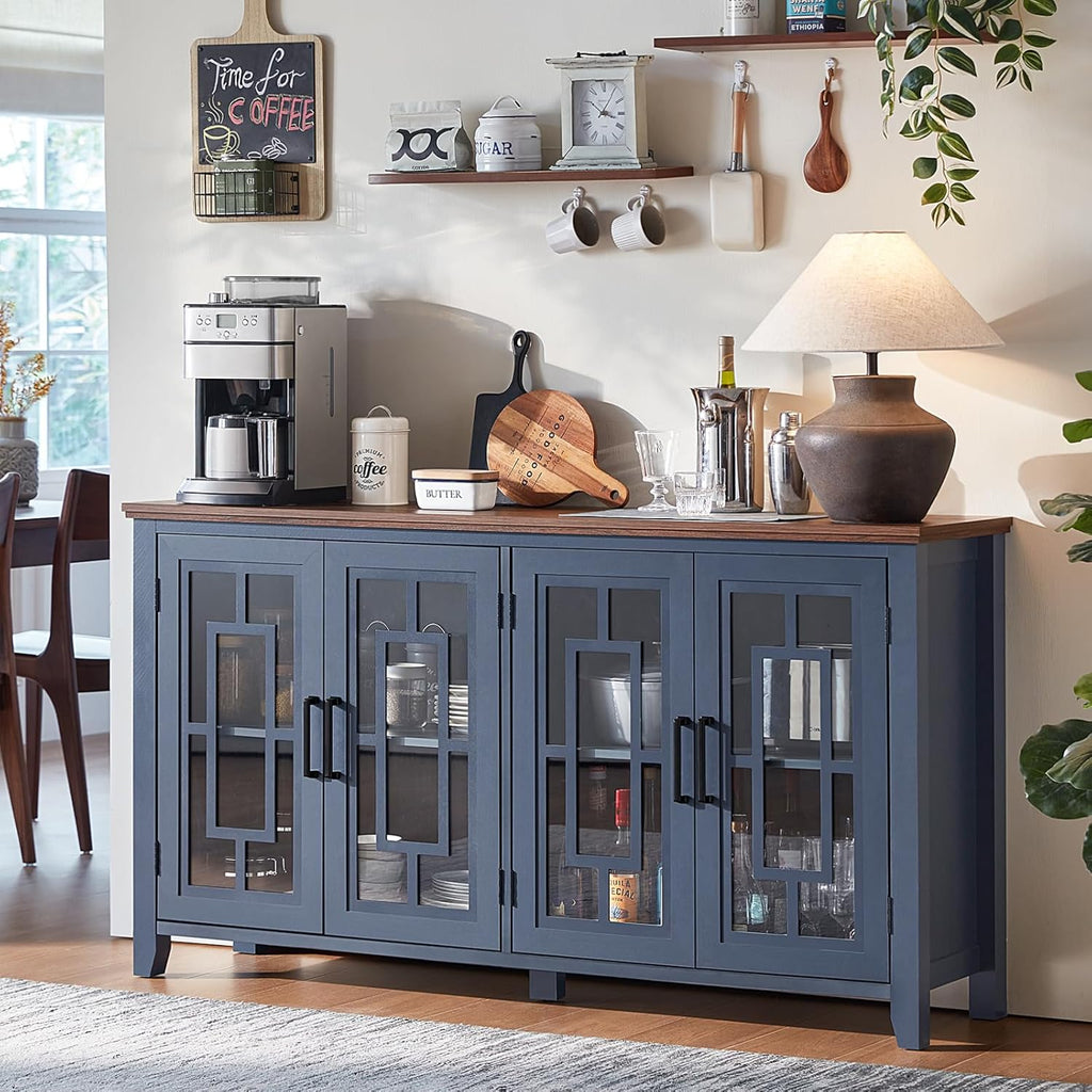 Joaxswe Large Sideboard Buffet Cabinet with Storage, 63" Farmhouse Navy Blue Kitchen Coffee Wine Bar Cabinet with 4 Glass Doors, Mid Century Modern Wood Side Board Table for Dining Room, Living Room