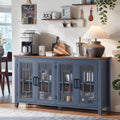 Joaxswe Large Sideboard Buffet Cabinet with Storage, 63" Farmhouse Navy Blue Kitchen Coffee Wine Bar Cabinet with 4 Glass Doors, Mid Century Modern Wood Side Board Table for Dining Room, Living Room