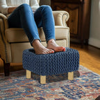 COTTON CRAFT Braided Footrest - Handknitted Dori Foot Stool with Sturdy Wood Legs – Handmade Boho Leg Rest - Small Spaces Under Desk Living Room Entryway Low Footstool Pouf - 16.5x12x9.5 - Blue