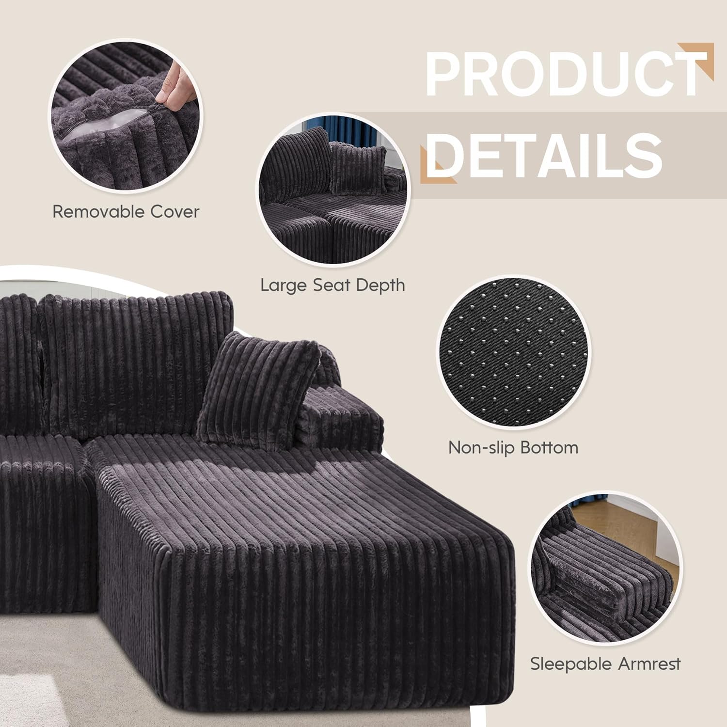 Hobestluk Couches Modular Sectional Sofa L-Shape Oversized Chaise | Memory Foam,Washable Cover,No Assembly,Non-slip,3 Seater Sectional Couch for Living Room | 108" Right Facing Chaise Darkgrey