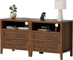 Farmhouse End Table with 2 Drawers Set of 2, Wooden Nightstand with Open Storage Cable Hole Freestanding Wide Bedside Table for Bedroom Living Room Sofa, Brown