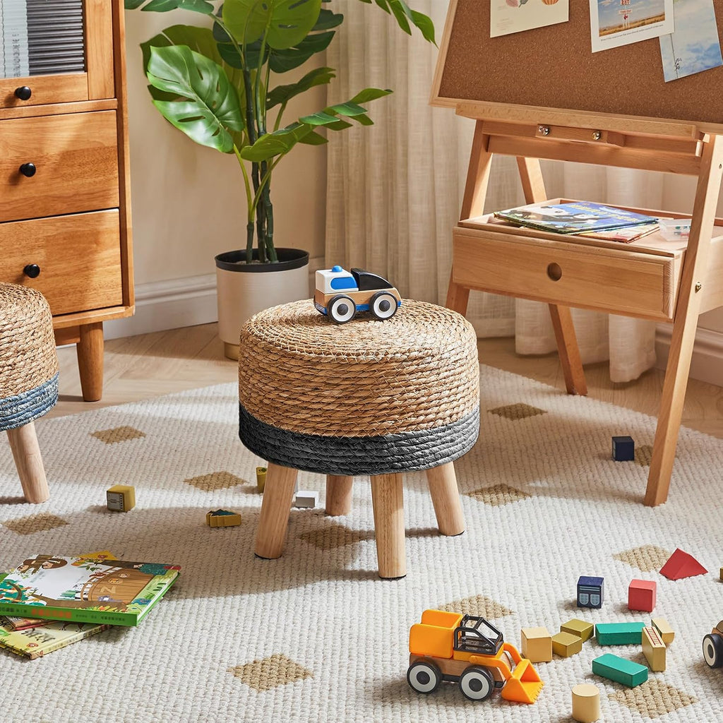 YMYNY Foot Stool, 12.6" Small Ottoman, Natural+Black,HBD027B | Natural Seagrass Hand Weave, Round Footrest, Non-Skid Wood Legs, Boho Style,for Living Room, Bedroom, Entryway