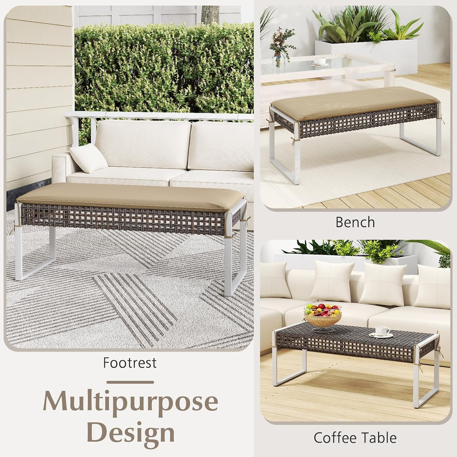 Tangkula Outdoor Ottoman, Patio Rattan Heavy Duty Wicker Footrest with Soft Cushion & Metal Frame, Extra Seating, for Porch, Backyard, Lawn and Poolside (1)
