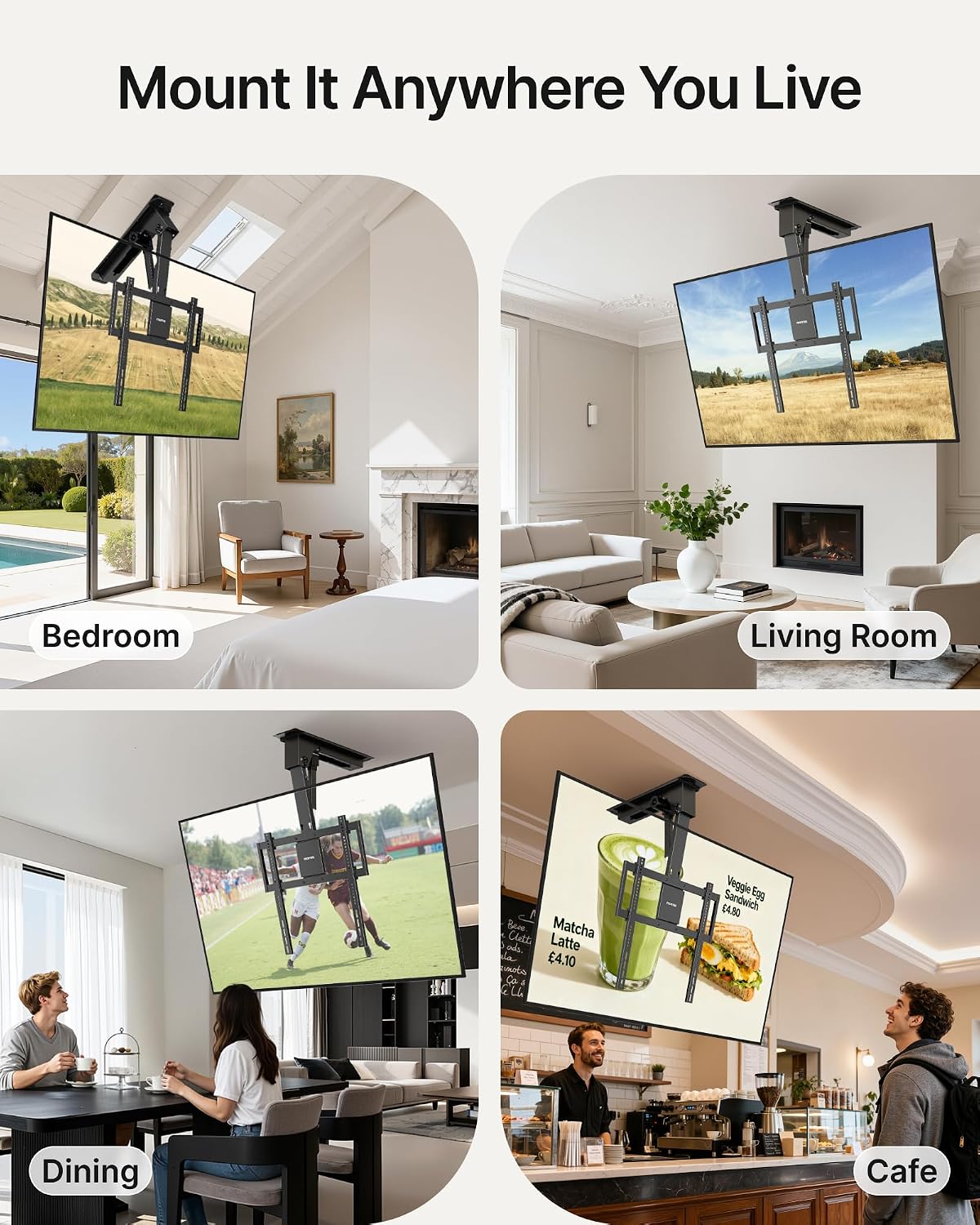 monTEK Motorized Ceiling TV Mount for 32-75 Inch TVs, Holds up to 121 lb | Lower VESA fit helps avoid ceiling contact; electric flip-down, remote/app/voice, max VESA 600x400 mm, flat/pitched ceilings