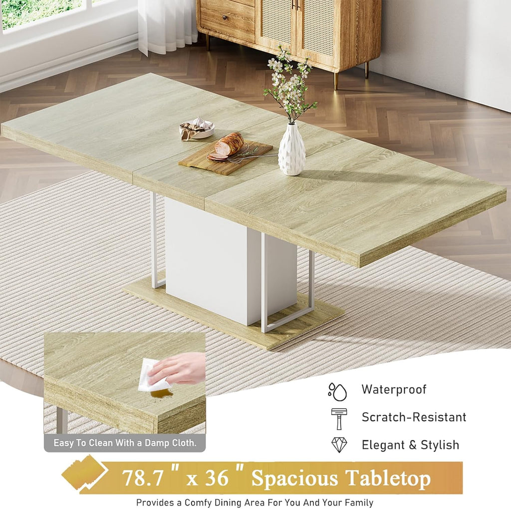 78.7" Farmhouse Extendable Dining Room Table Set for 8, 9-Piece Rectangle Kitchen Dining Table Set with Wood Base and 8 Grey Velvet Dining Chair, Extending Kitchen & Dining Table Set