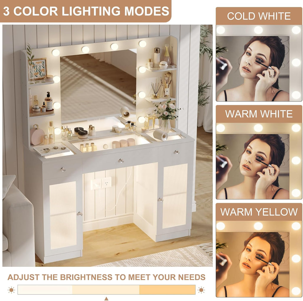 Makeup Vanity Glass Top, White Vanity Desk Tocador de Maquillaje para Mujer | 3-Color Hollywood Bulbs, 3 Drawers & 2 Lighted Cabinets with Adjustable Shelves, Built-In Power Outlet, Crystal Handles