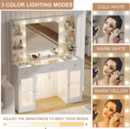 Makeup Vanity Glass Top, White Vanity Desk Tocador de Maquillaje para Mujer | 3-Color Hollywood Bulbs, 3 Drawers & 2 Lighted Cabinets with Adjustable Shelves, Built-In Power Outlet, Crystal Handles