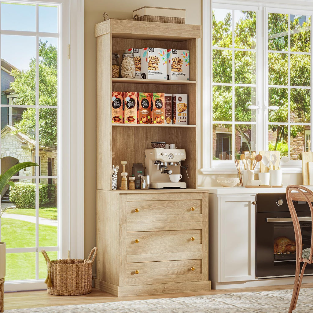 ivaniti 71" Tall Farmhouse Kitchen Pantry Cabinet, Freestanding Coffee Bar Hutch with Microwave Stand, Large Storage Cabinet with Drawers & Adjustable Shelves for Kitchen, Brown