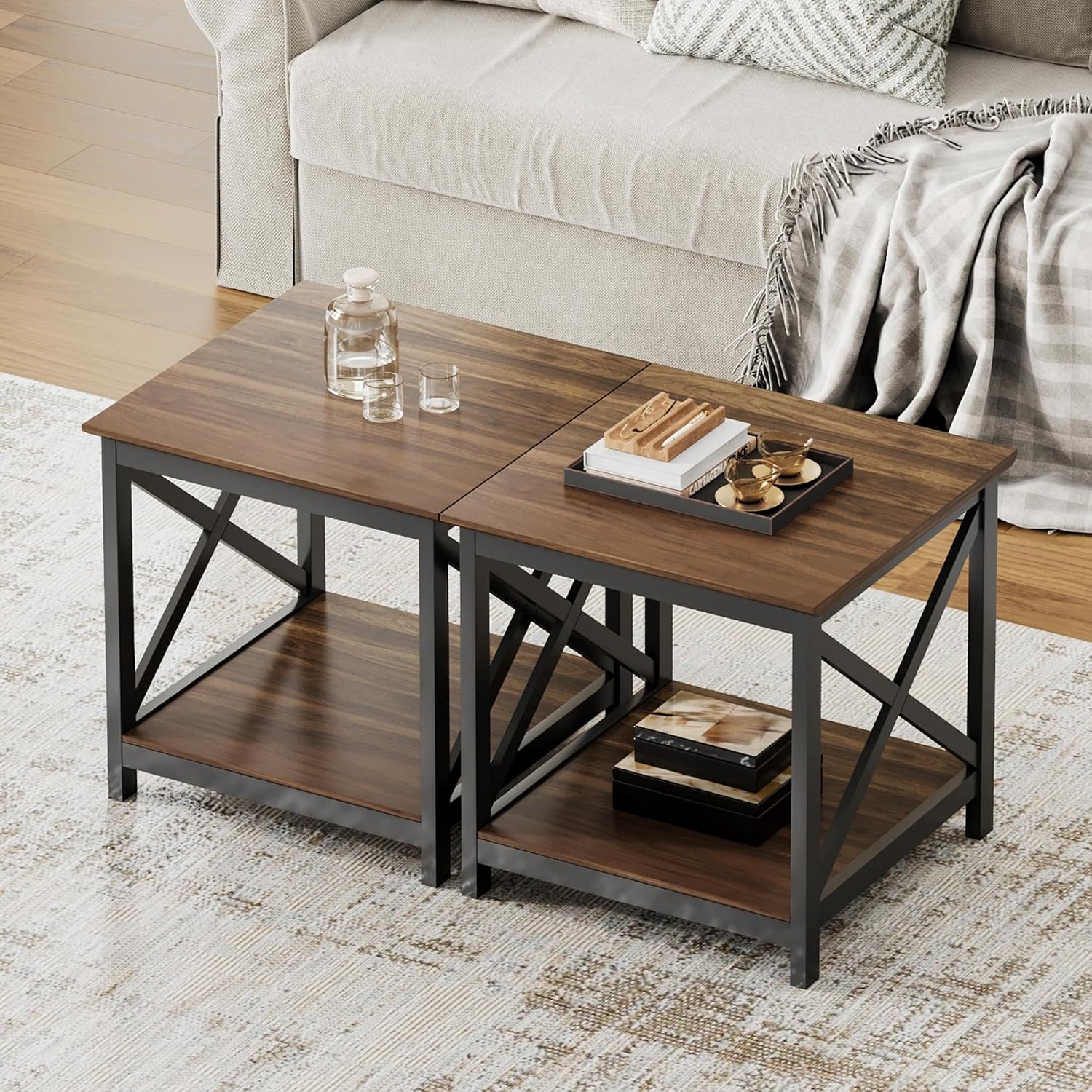 ChooChoo End Tables Set of 2, 24 Inch End Table with 2-Tier Storage Shelf, Side Table for Living Room, Wood Nightstand for Bedroom, Office, Painted Surface, Walnut