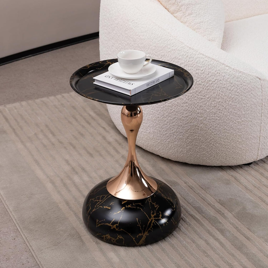 Metal Side Table, Modern Round Side End Table Metal Pedestal Side Table Coffee Table, Corner Accent Table Fluted Circle Decorative Drink Martini Table for Living Room (Black Marble)