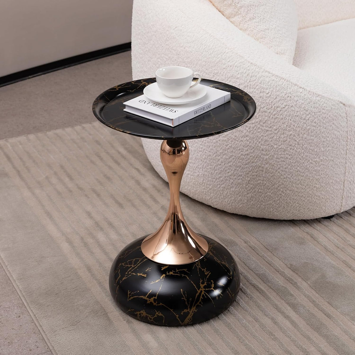 Metal Side Table, Modern Round Side End Table Metal Pedestal Side Table Coffee Table, Corner Accent Table Fluted Circle Decorative Drink Martini Table for Living Room (Black Marble)