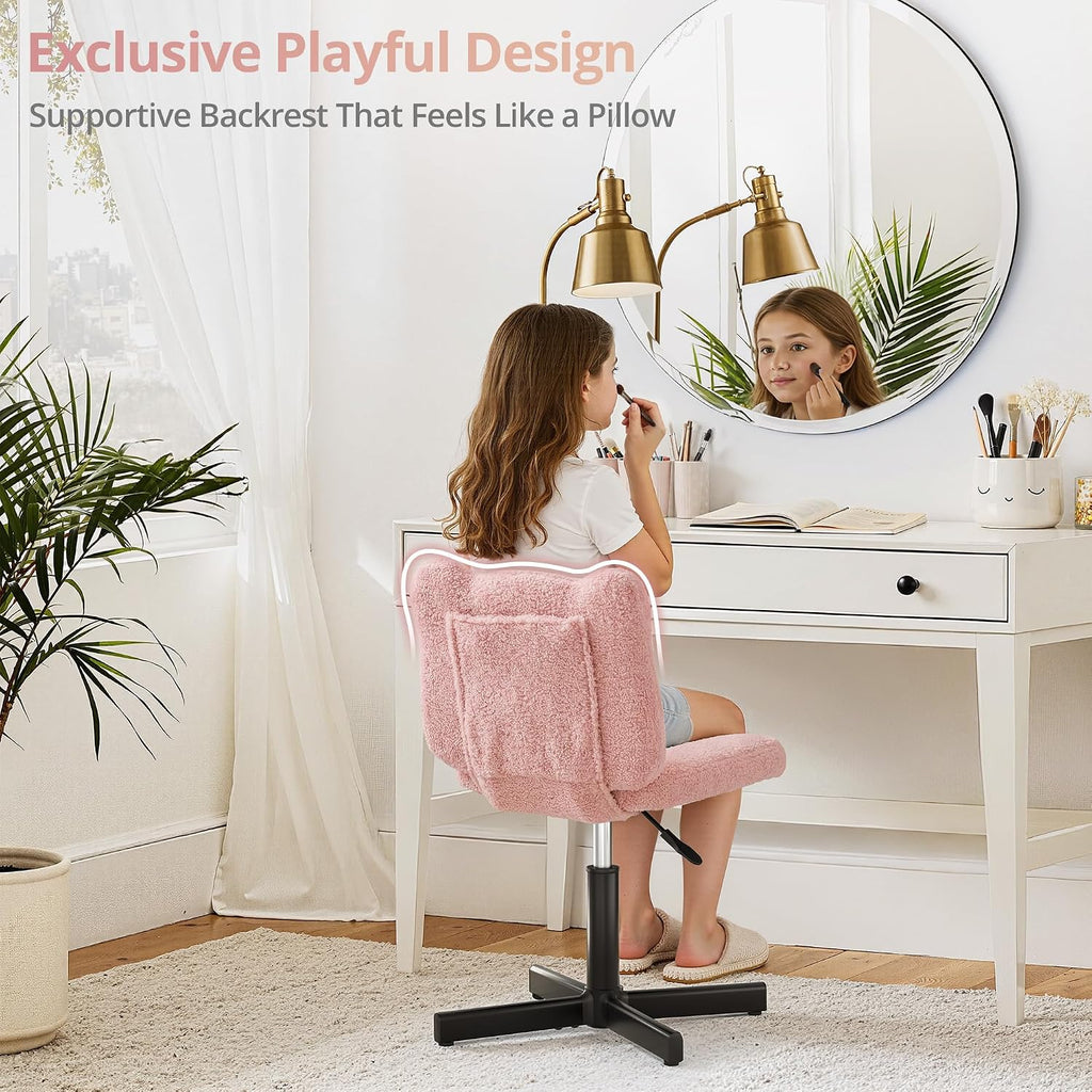 LUE BONA Adjustable Vanity Stool Chair with Girly Bear Ear Wide Back, 360° Swivel Vanity Stool for Makeup Room, Upholstered Teddy Velvet Ottoman for Teen Girls, 350lbs, Pink