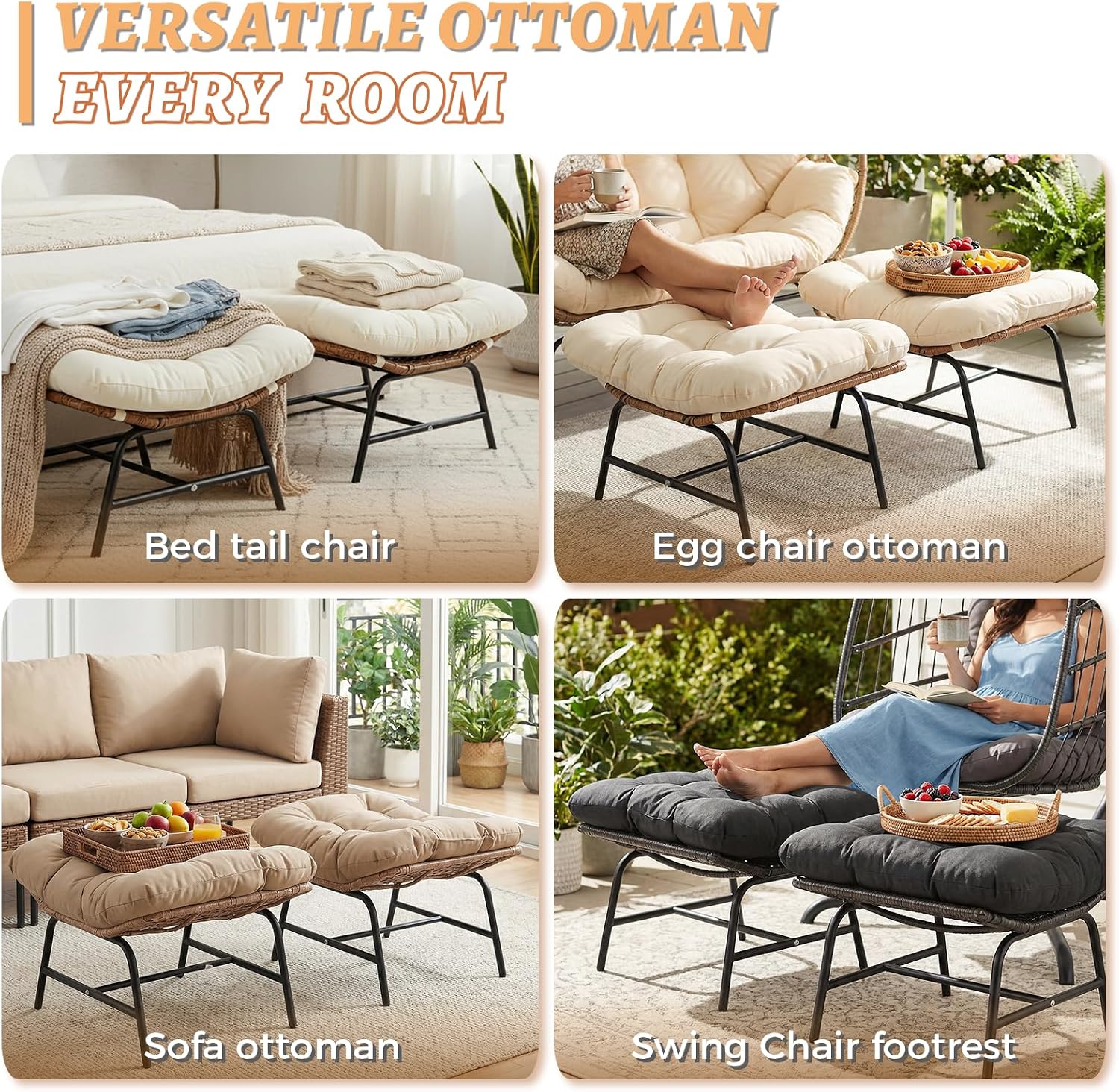 NICESOUL Indoor Outdoor Ottoman Set of 2, Large Wide Double Patio Footstool, PE Rattan Thicken Cushioned Footrest, All-Weather Wicker Furniture for Balcony, Porch, Living Room, Egg Chair, Brown