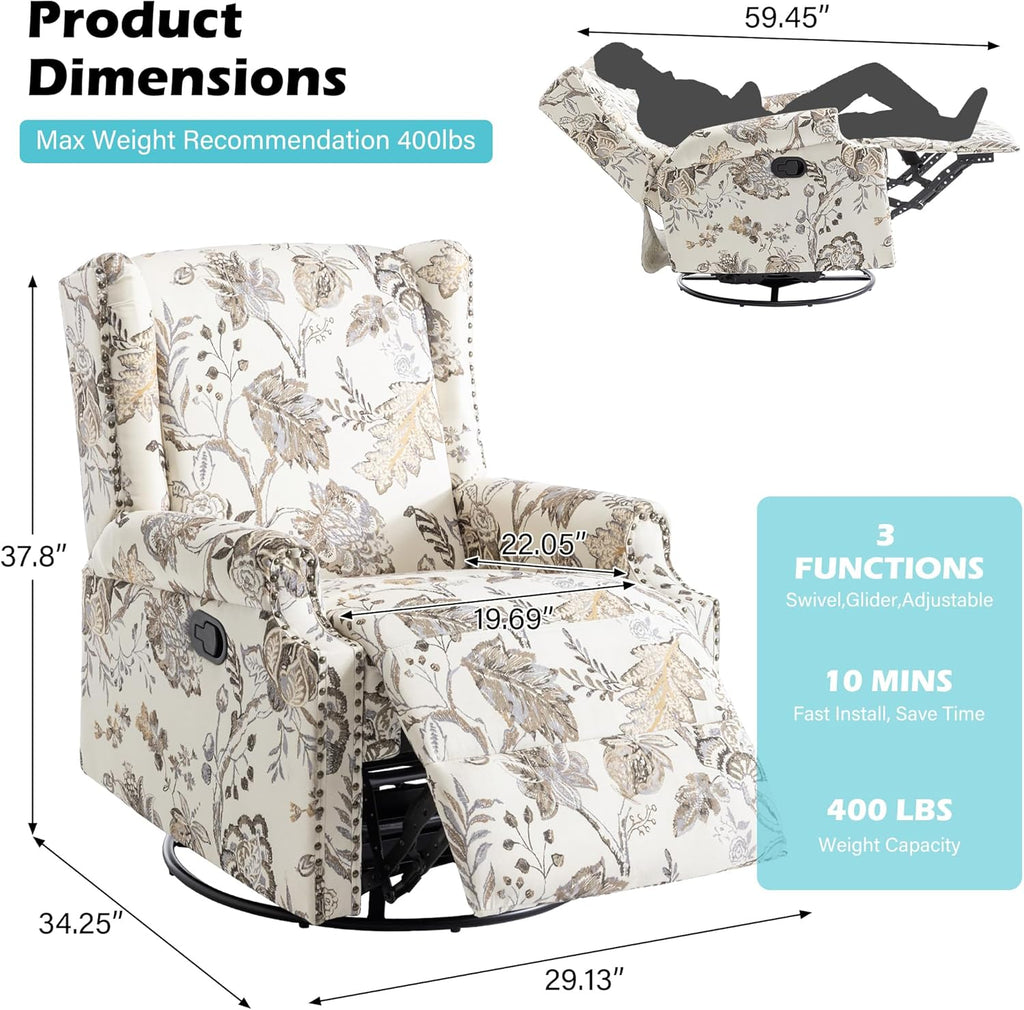 Swivel Glider Floral Recliner Chairs Set of 2, High Back Swivel Rocker Fabric Accent Chair for Living Room, Rivet Trim Upholstered Armchair Manual Sofa Seating - Beige Plants