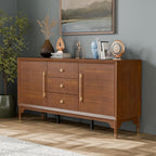 Furniture of America Forma Mid-Century Modern 69-inch Solid Wood Sideboard Buffet Cabinet with 2 Storage Compartments, 6 Shelves and 3 Drawers for Living Room, Dining Room, Office, Walnut
