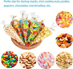 50pcs Clear Cone Cellophane Bags, Cello Cone-Shaped Treat Bags with Twist Ties, Plastic Triangle Bags for Popcorn and Candy Favors