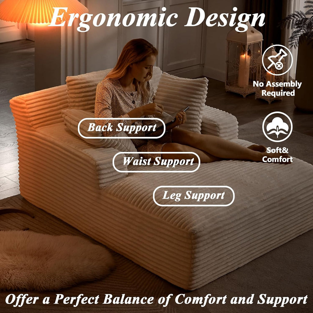 HRVEOCEI 67" Chaise Lounge Indoor, Oversized Chaise Lounge Chair with 3 Comfy Pillows for Living Room Bedroom, Wide Arms Corduroy Fabric High-Density Foam No Assembly Required (White)