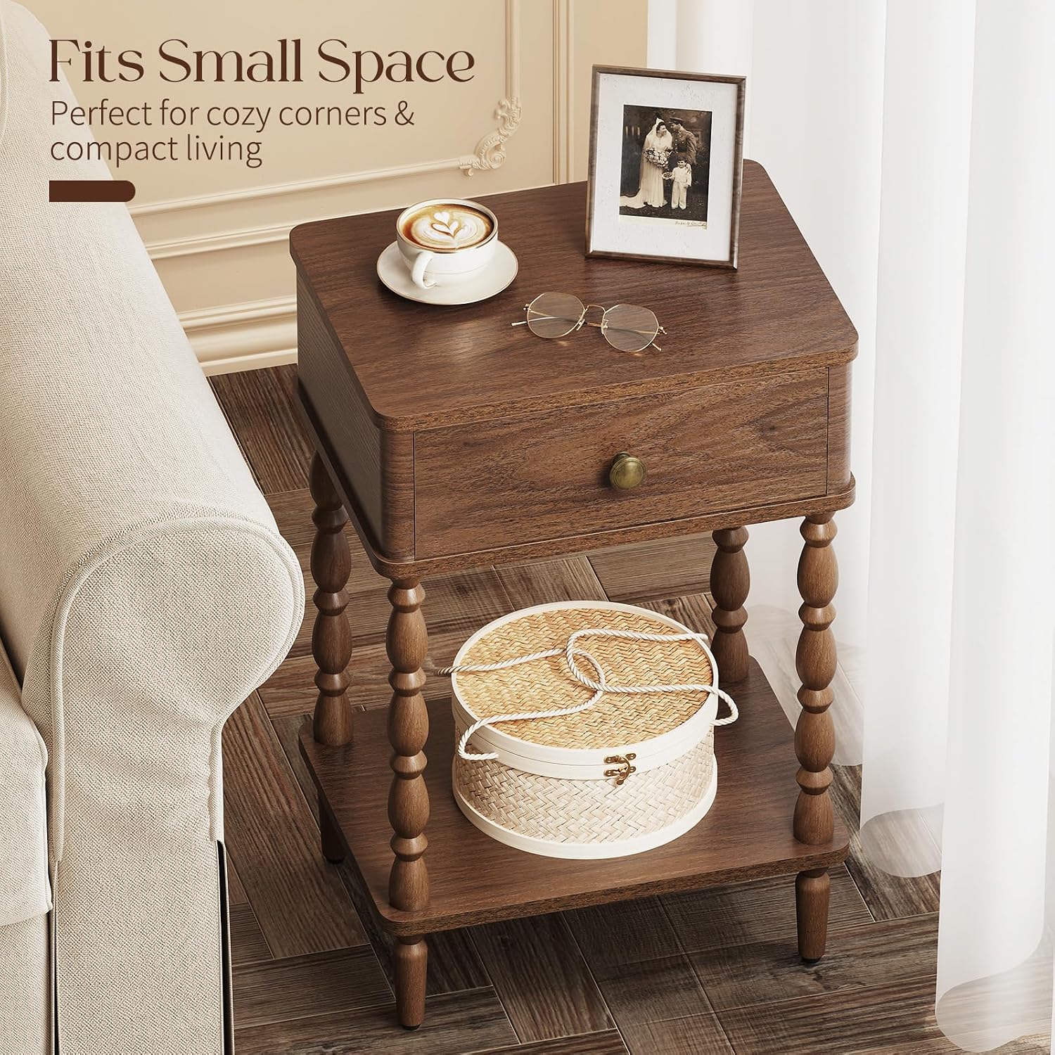 Yoobure Small Side Table with Drawer - Walnut Night Stand with Wood Legs