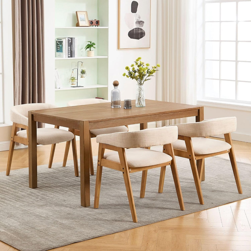 BESTANO Dining Chairs Set of 6, Modern Farmhouse Beige Linen Upholstered Kitchen Chairs with Arms, Solid Wood Legs, Elegant Padded Side Chairs for Home Dining Room