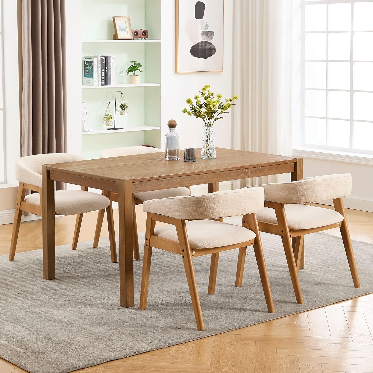 BESTANO Dining Chairs Set of 6, Modern Farmhouse Beige Linen Upholstered Kitchen Chairs with Arms, Solid Wood Legs, Elegant Padded Side Chairs for Home Dining Room
