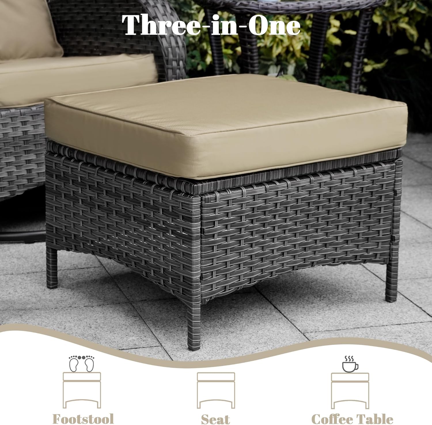 Set of 2 Outdoor Patio Ottomans, All-Weather PE Rattan Wicker Furniture for Backyard Porch Deck Poolside, Sturdy Steel Frame, Khaki