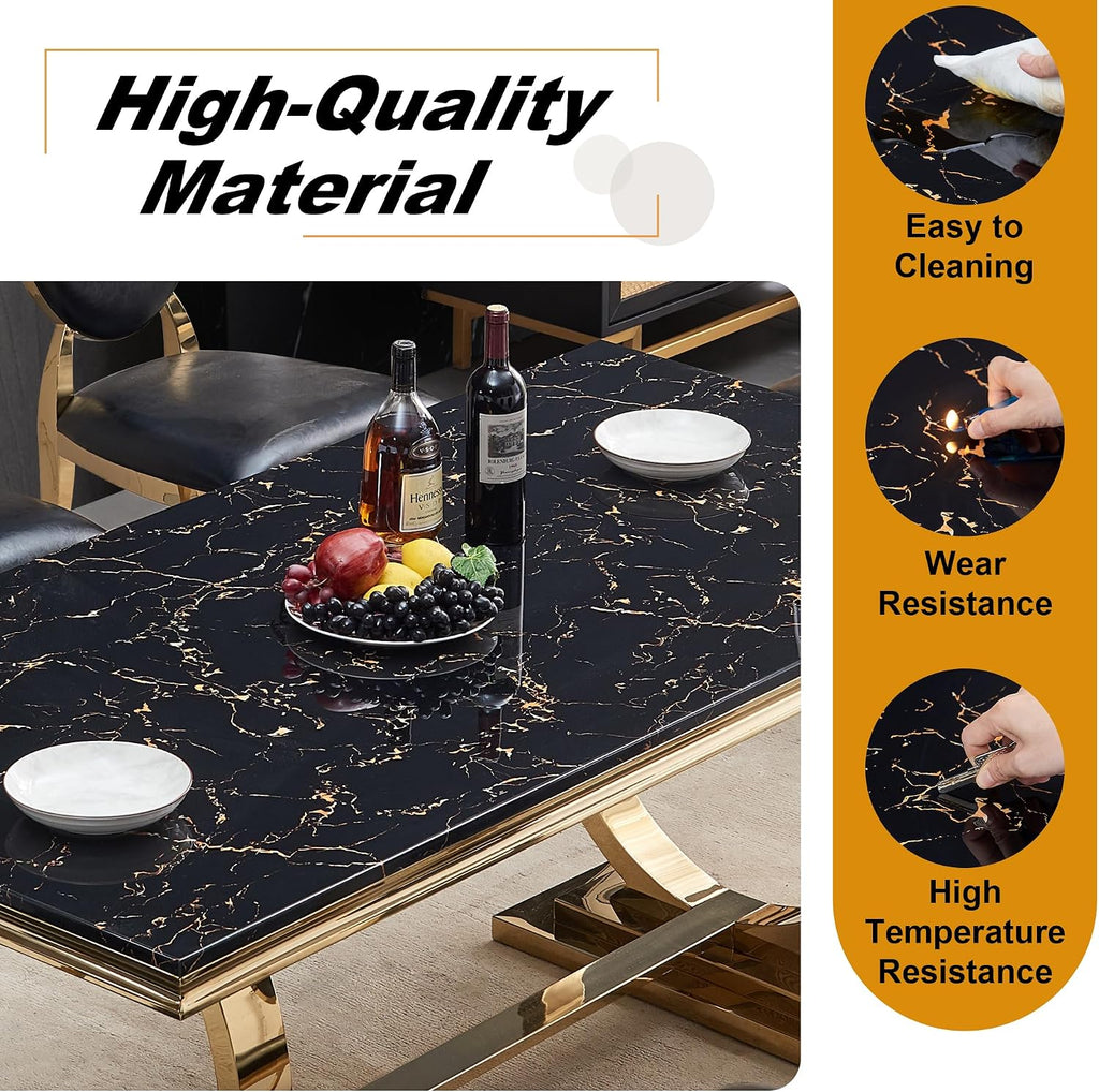 70" Marble Dining Table with Black Faux Marble Top and Gold O-Shape Stainless Steel Base, Modern Rectangular Kitchen Table for Living Room, Home Office, Easy to Clean