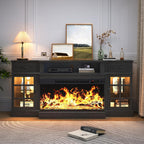 oneinmil 70" Fireplace TV Stand with 3-Sided Glass Fireplace, Modern Wood Entertainment Center with LED Lights and Glass Door, 36" Fire Place TV Stands for Living Room, Black