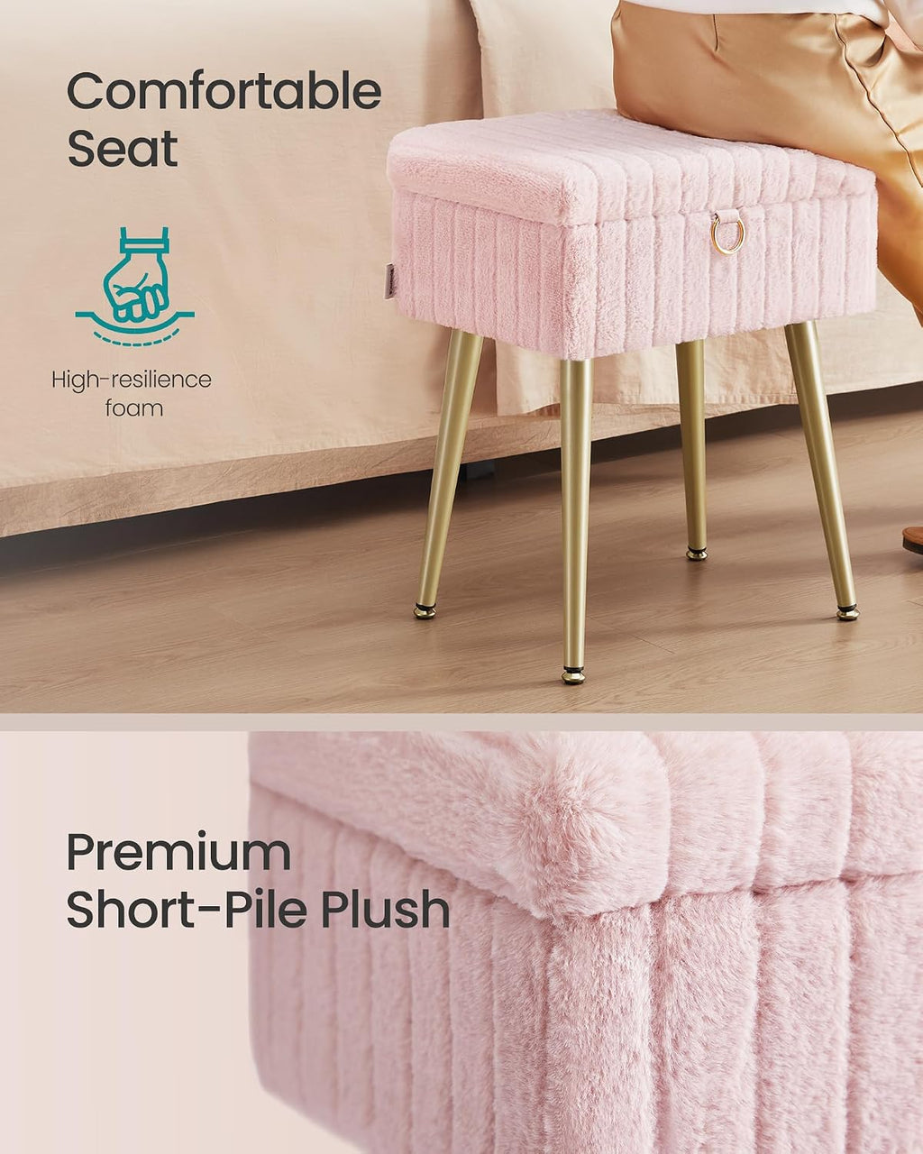 SONGMICS Vanity Stool Chair with Storage, Metal Legs, Max. Load 440 lb | Makeup Stool, Footrest Footstool Ottoman, for Living Room, Bedroom, Makeup Room, Pink, GLAMOR Collection ULOM505SZ02