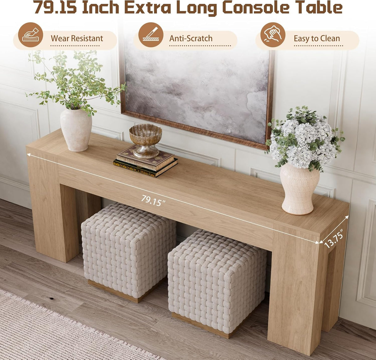 Extra Long 79" Light Oak Wood Console Table for Entryway, Farmhouse Sofa Table Behind Couch, Large Rectangular Accent Table with Double Base for Living Room Hallway Foyer