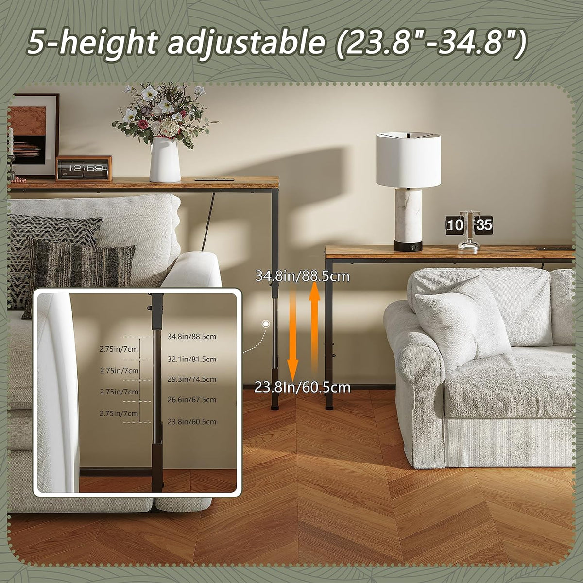 86.6" Behind Couch Table Adjustable Height 23.8~34.8" with Charging Station, 5.9" Narrow Console Table Skinny, Anti-Collision Pads, Anti-Tipping Kit for Living Room
