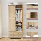 Brafab 2 Doors Wooden Armoire Wardrobe Closet with 2 Drawers, Natural | 2 Modern Doors, Freestanding, with Drawers and Hanging Rail, Wooden Storage Cabinet with Shelf, for Bedroom