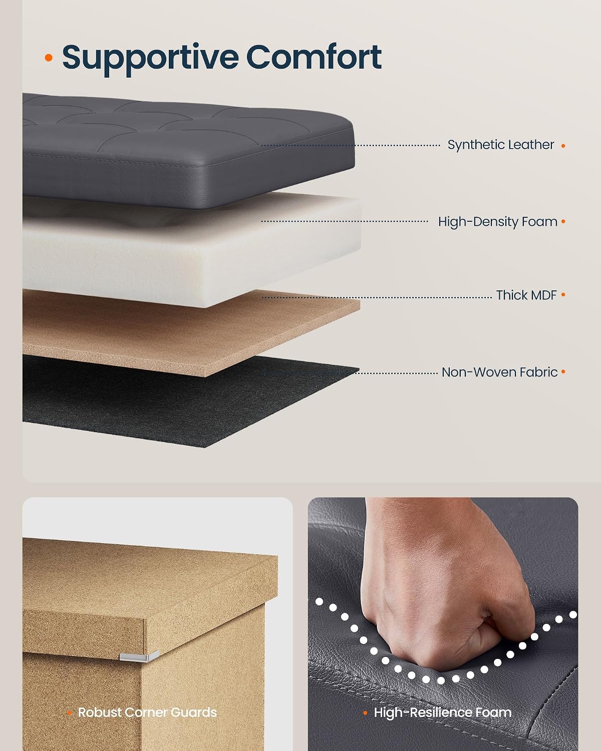 SONGMICS HOME Foldable Foot Rest Stool, Storage Ottoman, Tufted Design, PU Leather, for Entryway, Living Room, 43.2 Inches, Dark Gray