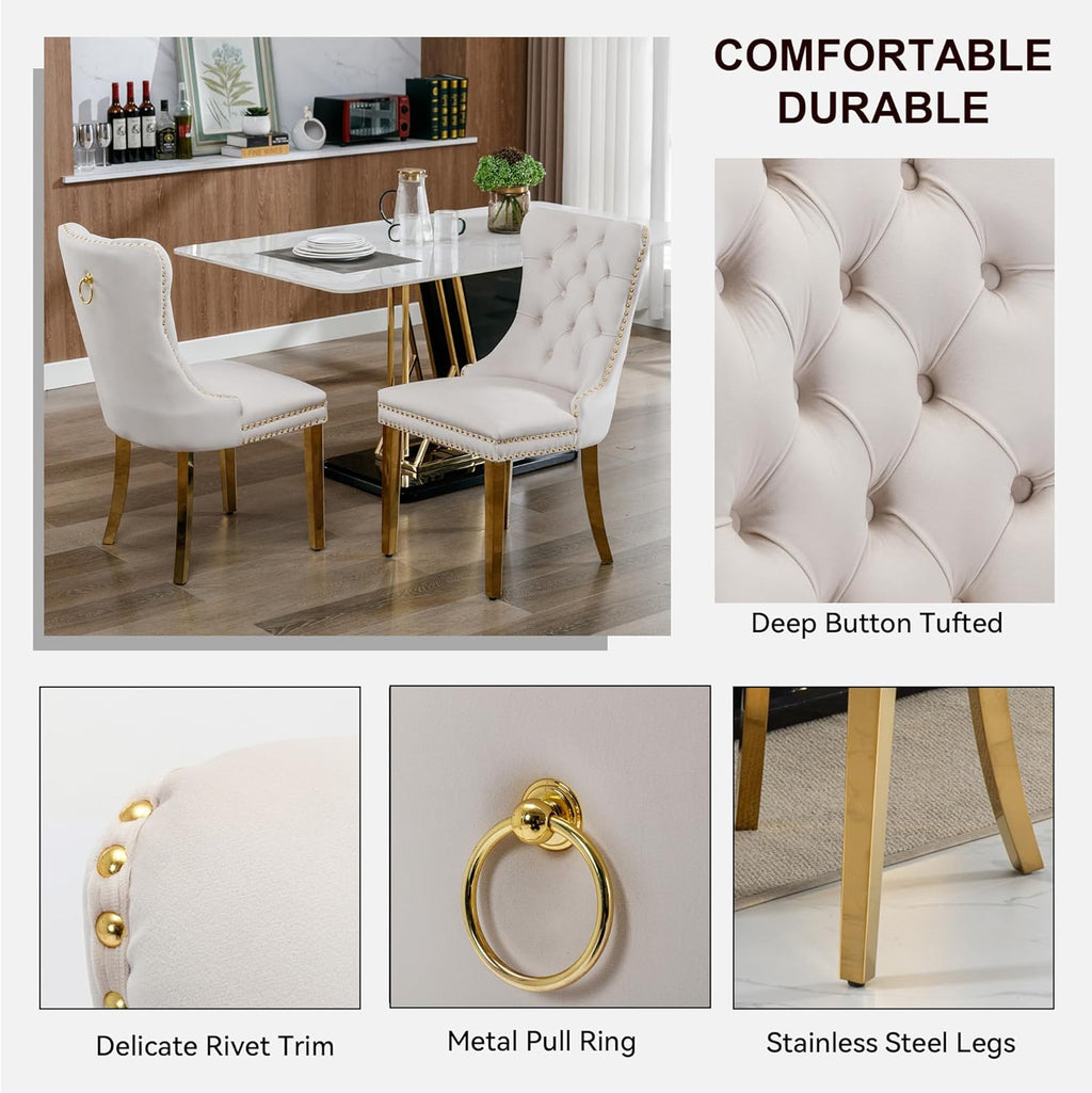 SSLine 61" Glass Dining Table Set for 6,Modern 7 Pieces Kitchen Table and Chairs Set w/Gold Tempered Glass Tabletop and 6 Velvet Chairs for Kitchen Apartment