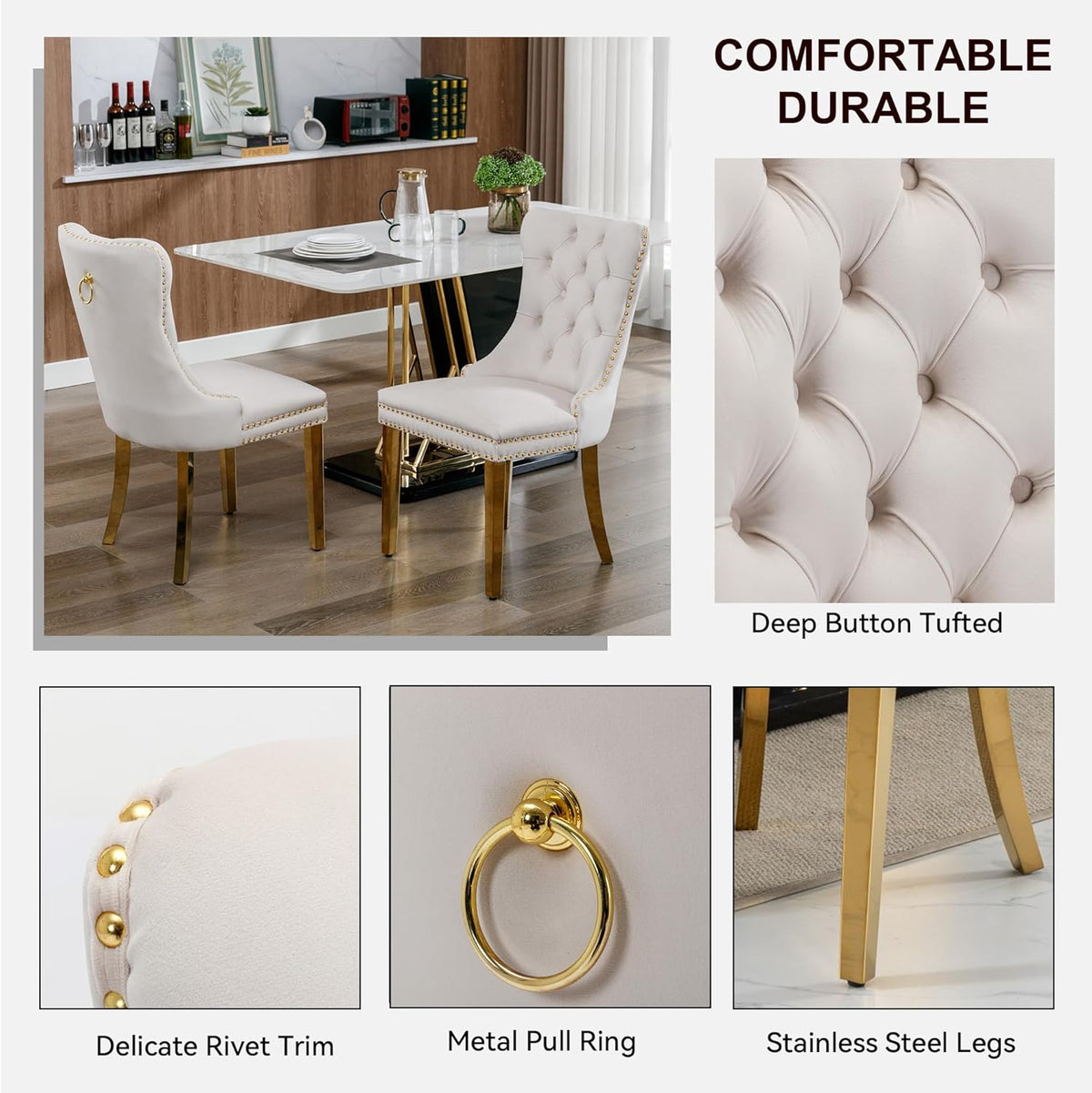 SSLine 61" Glass Dining Table Set for 6,Modern 7 Pieces Kitchen Table and Chairs Set w/Gold Tempered Glass Tabletop and 6 Velvet Chairs for Kitchen Apartment
