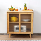 Bamboo Kitchen Sideboard Pantry Cabinets with Hooks, Large Storage Cupboard Pantry with 4 Tempered Glass Doors, Microwave Shelf, Freestanding Storage Buffet for Dining Room (Sideboard-32)