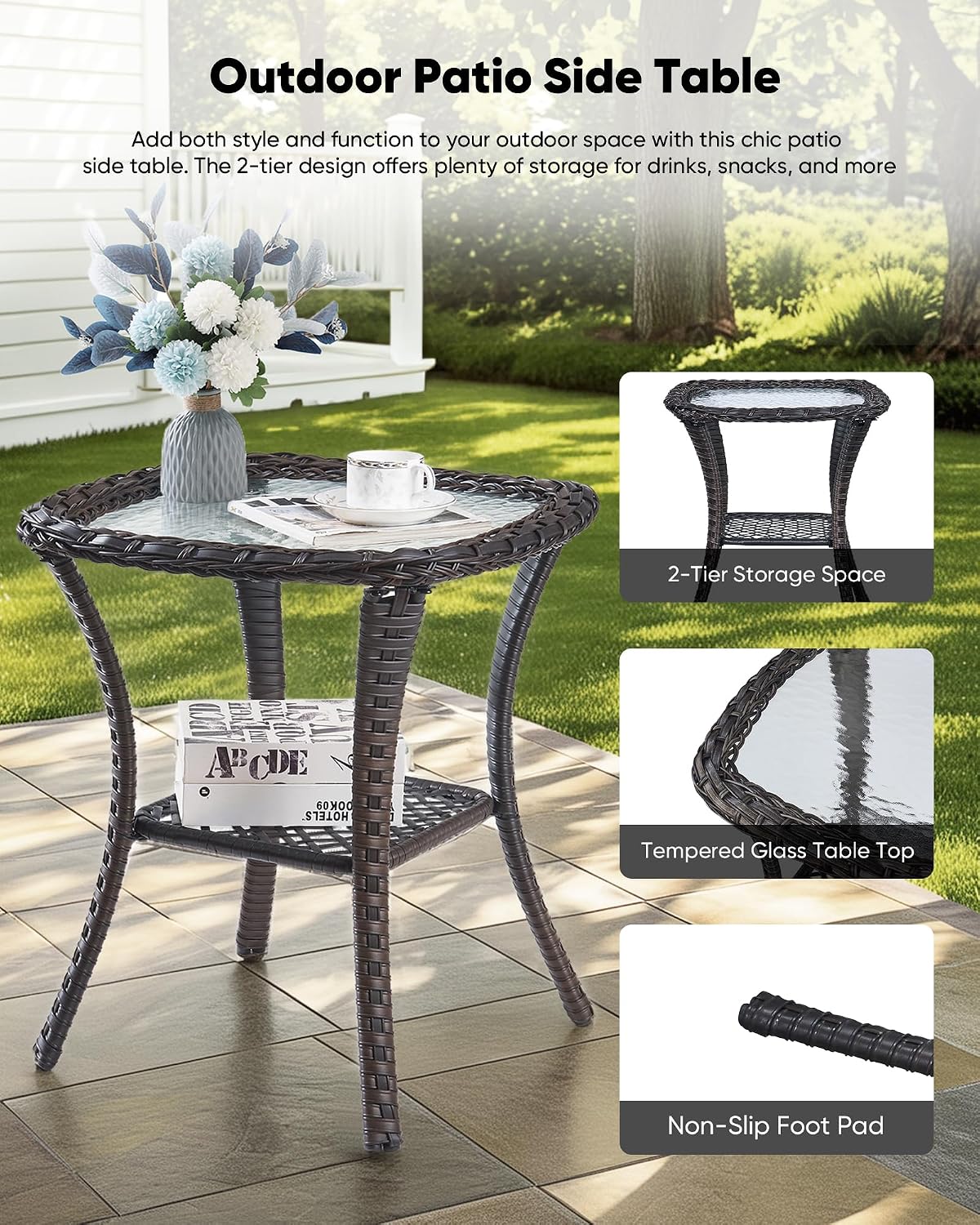 HUMMUH Wicker Patio Furniture High Back Swivel Rocker Patio Chairs Outdoor Bistro Set with Ottomans Side Table for Porch Garden Deck