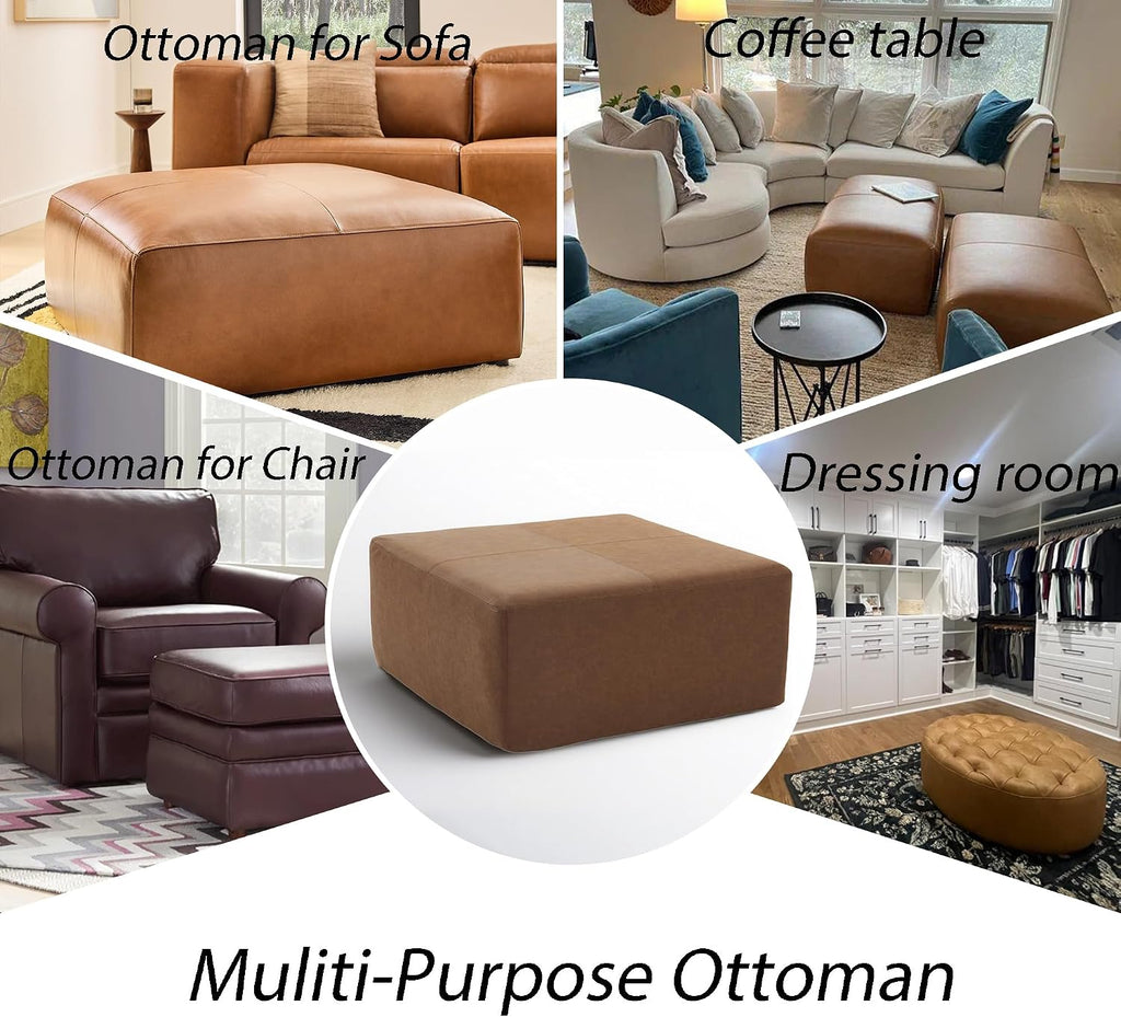 35" Faux Leather Large Square Ottoman Coffee Table for Living Room, Brown | Big Couch Ottoman Footstool