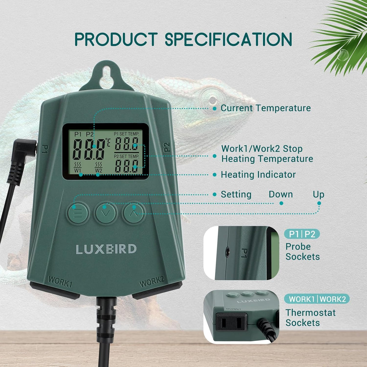 Luxbird Reptile Heating Pad 8x12 Inch with Dual Output Reptile Thermostat LB-2SC Combo Set Under Tank Terrarium Heating Mat for Turtles, Lizards, Frogs, and Other Reptiles