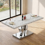 Henf Luxury Marble Dining Table for 6-8 Rectangular 70" Faux Marble Kitchen Table with Silver Mirrored Stainless Steel Base,White Faux Marble Large Long Pedestal Table (Table Only)