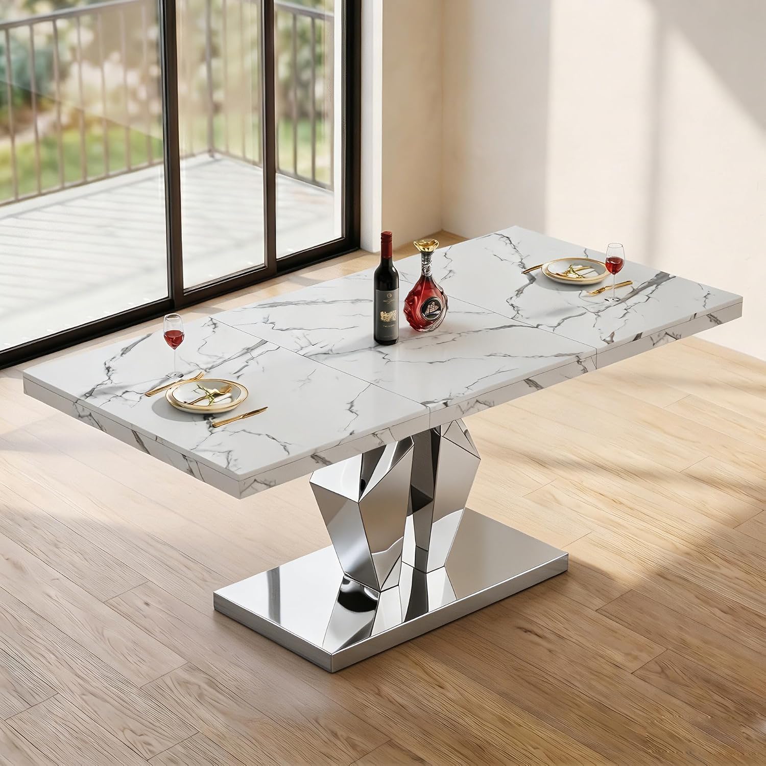 Henf Luxury Marble Dining Table for 6-8 Rectangular 70" Faux Marble Kitchen Table with Silver Mirrored Stainless Steel Base,White Faux Marble Large Long Pedestal Table (Table Only)