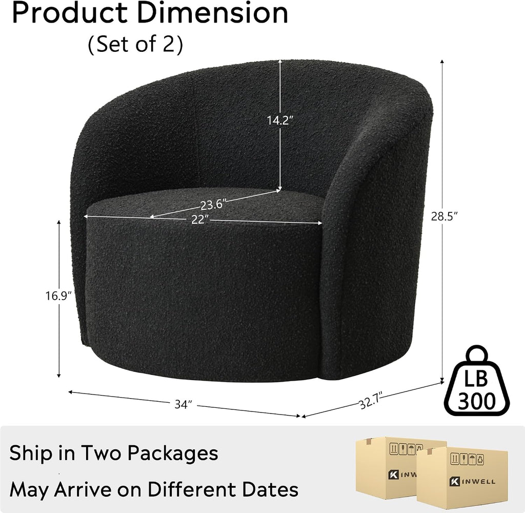 KINWELL 34" W Swivel Barrel Chair Set of 2, Mid Century Modern Round Upholstered Boucle Swivel Accent Chairs, No Assembly Sofa Chair for Living Room Bedroom Reading, Black
