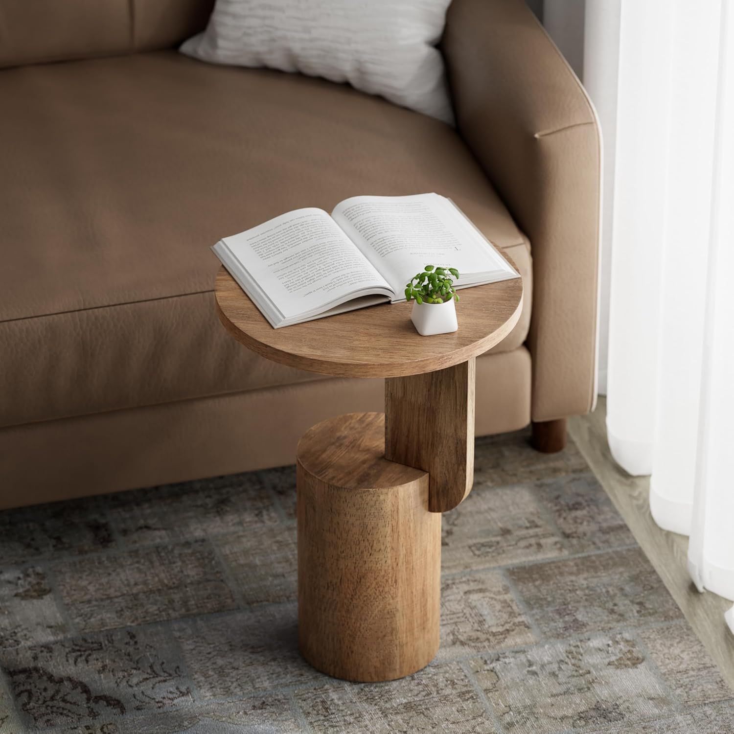 COZAYH Modern Farmhouse Small Drink Table with Geometric Design Base, Minimalist Tall End Table for Small Space, Natural