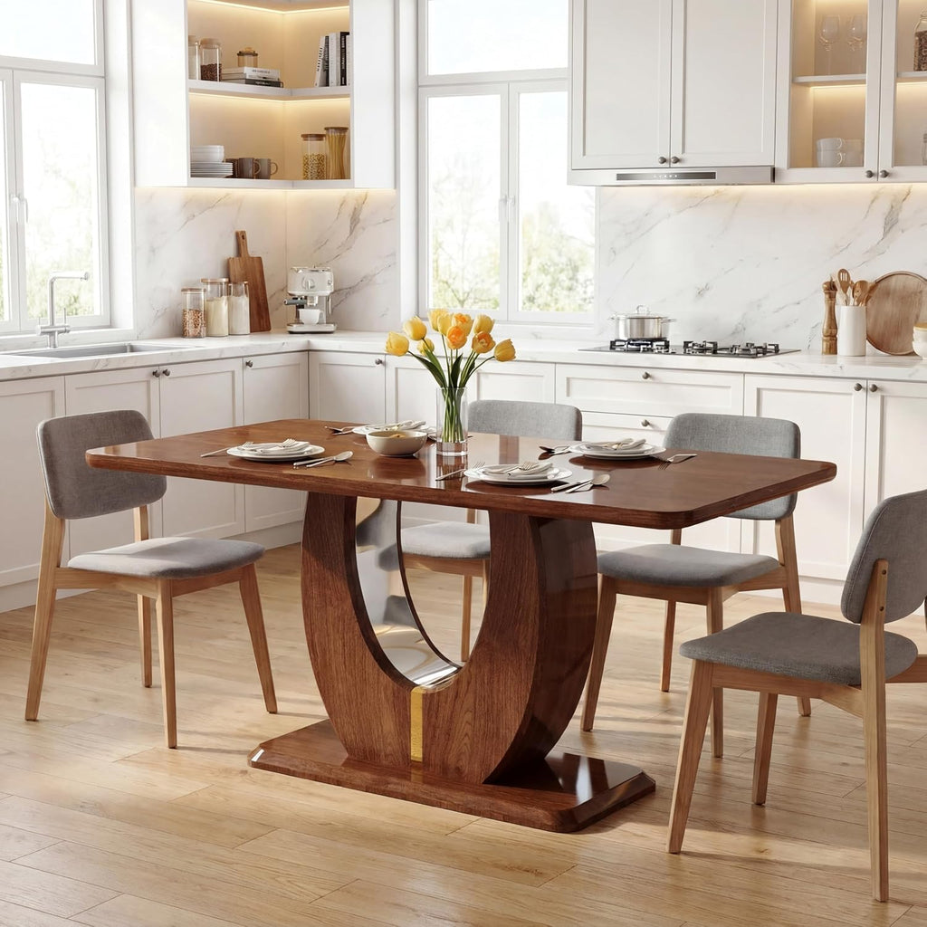 63" Wooden Dining Table for 4-6 People, Modern Farmhouse Kitchen Table with U-Shaped Legs, Rectangular Walnut Wood Dinner Table for Dining Room, Living Room, Home Office