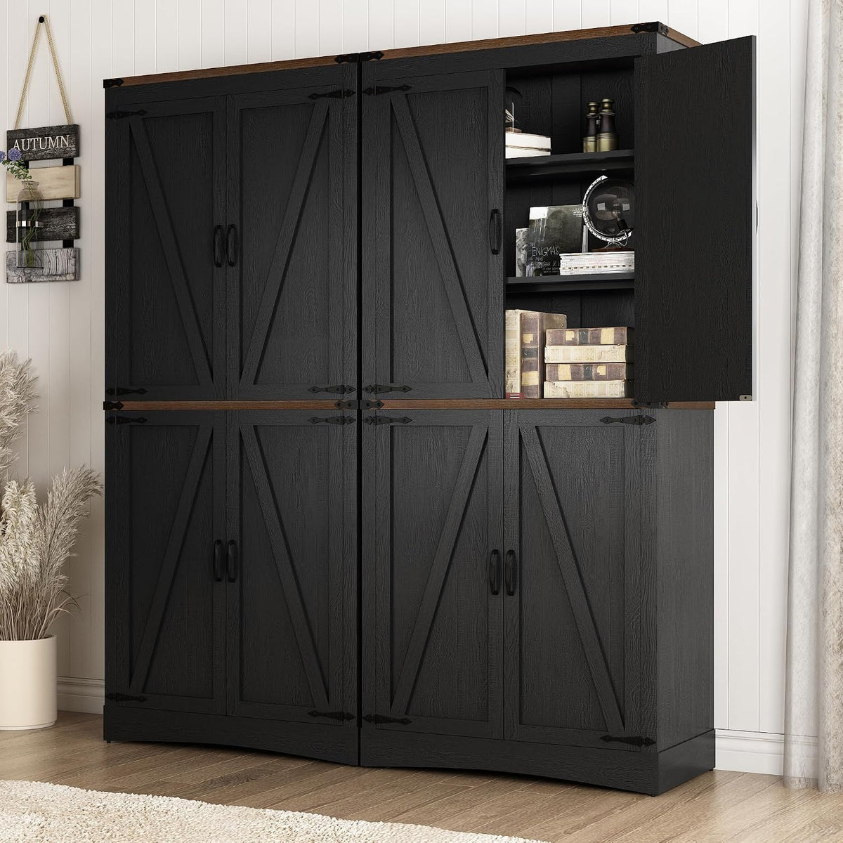 Hlivelood 71" Tall Kitchen Pantry,Farmhouse Storage Cabinet with Adjustable Shelves,Load-Bearing Steel Pipe,Farmhouse Pantry Cabinet with 4 Barn Doors,for Kitchen,Dining Room,Living Room(Black)